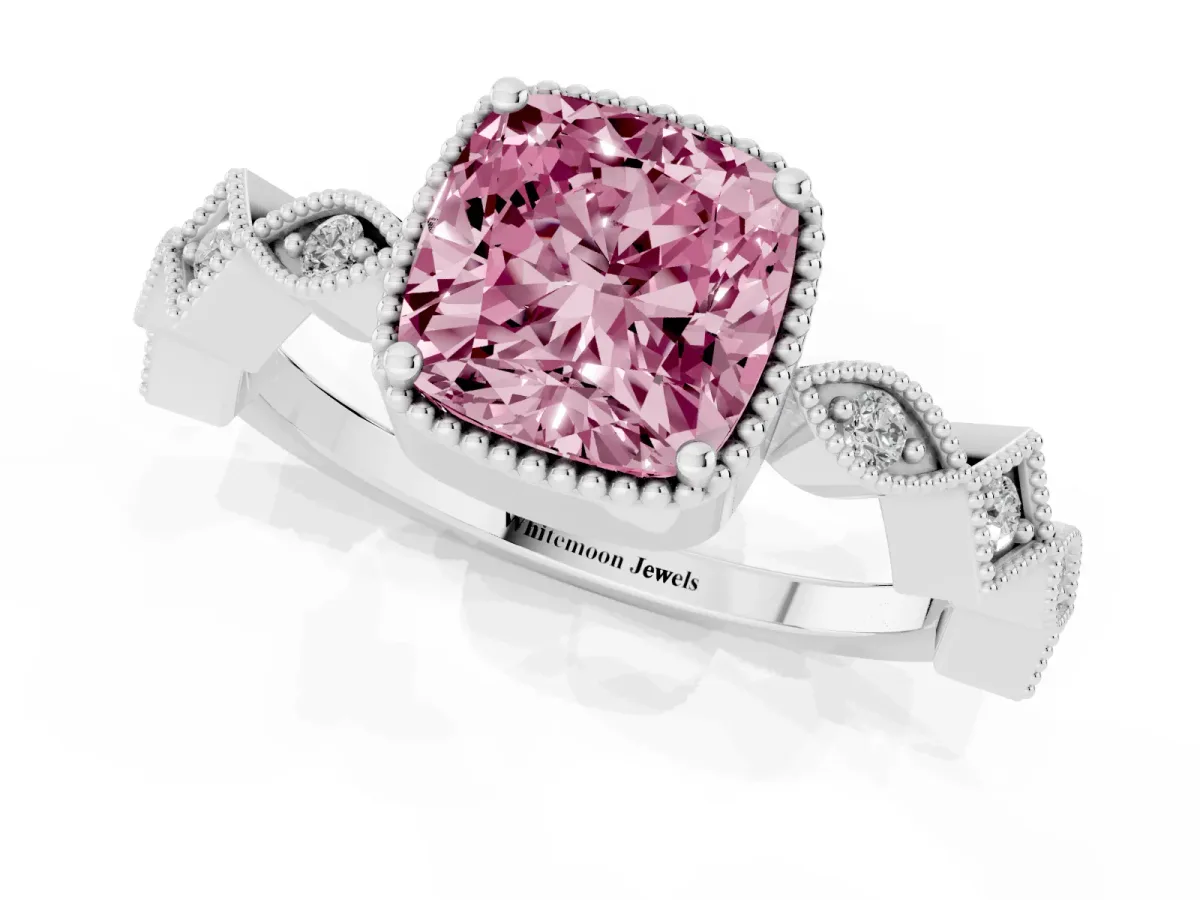 Fancy Pink Cushion Cut Milgrain Marquise Diamond Twist Band Ring Silver