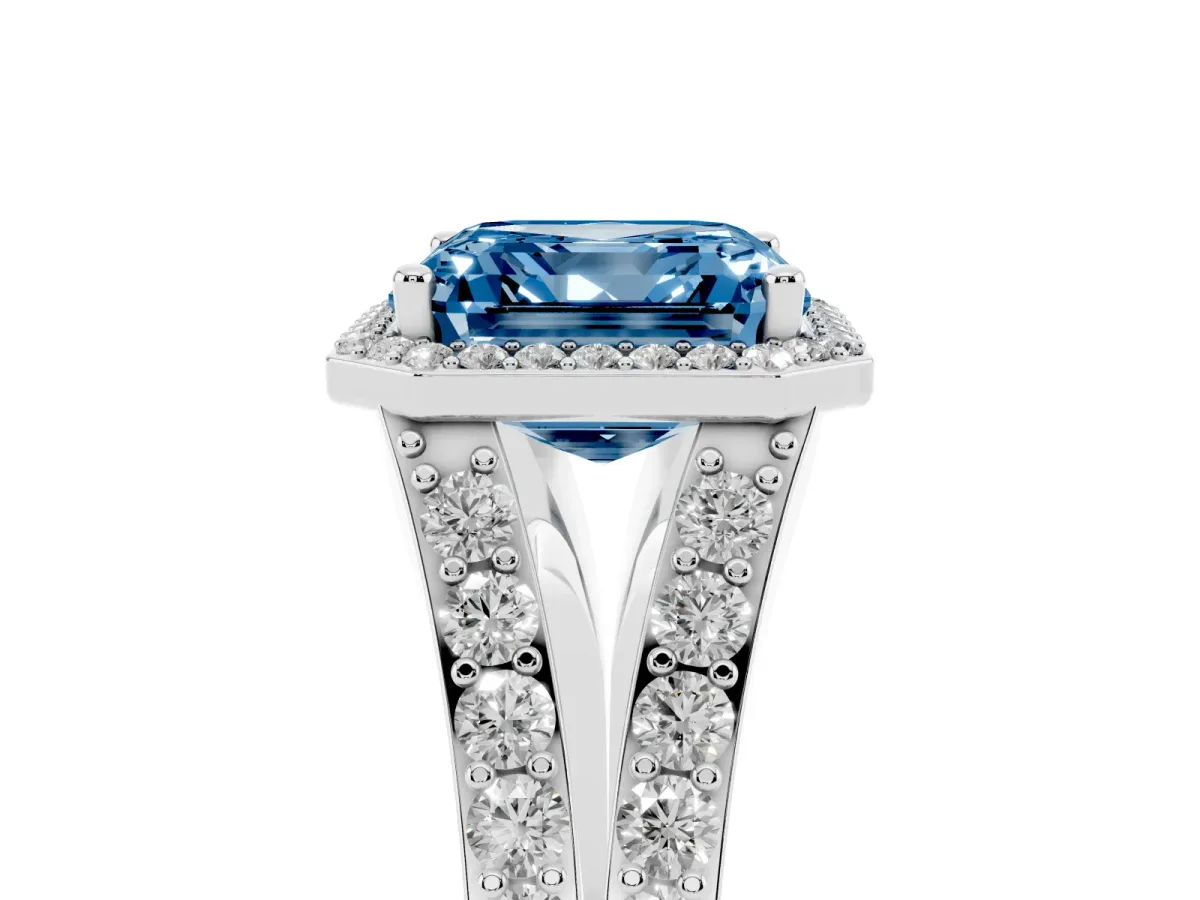 Fancy Blue Asscher Cut Diamond Split Shank Halo Ring with Four-Prong Setting Silver