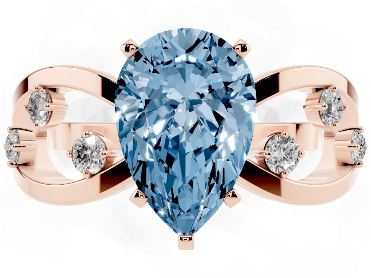 Fancy Blue Pear Cut Cut Solitaire Diamond with Side Stones on Criss-Cross Band and Four-Prong Setting Rose gold