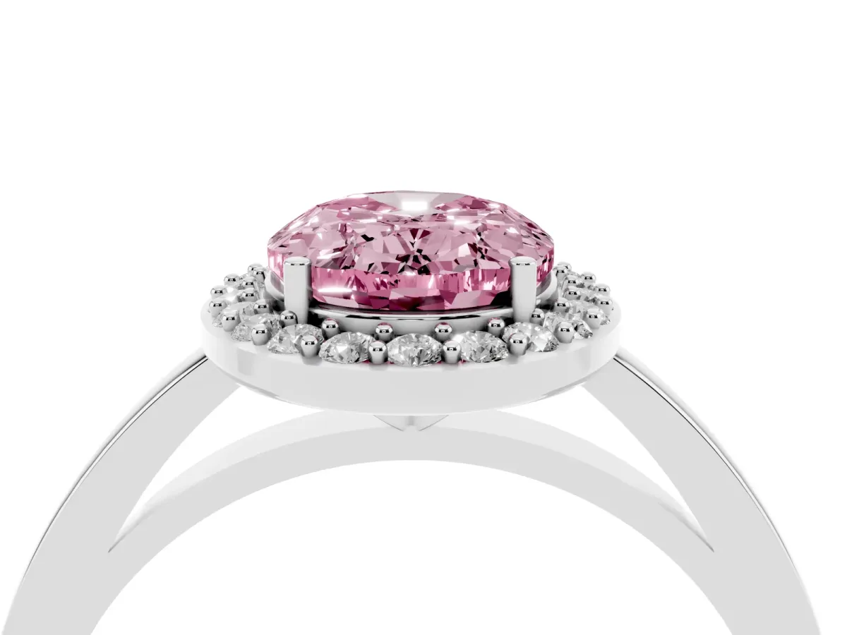 Fancy Pink Oval Cut Halo Diamond Ring with Solitaire Band and Prong Setting Silver