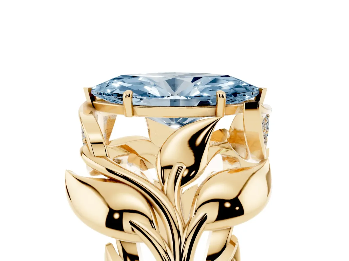 Fancy Blue Marquise Cut Diamond Leaf-Inspired Engagement Ring with Round Accents and Prong Setting Yellow gold