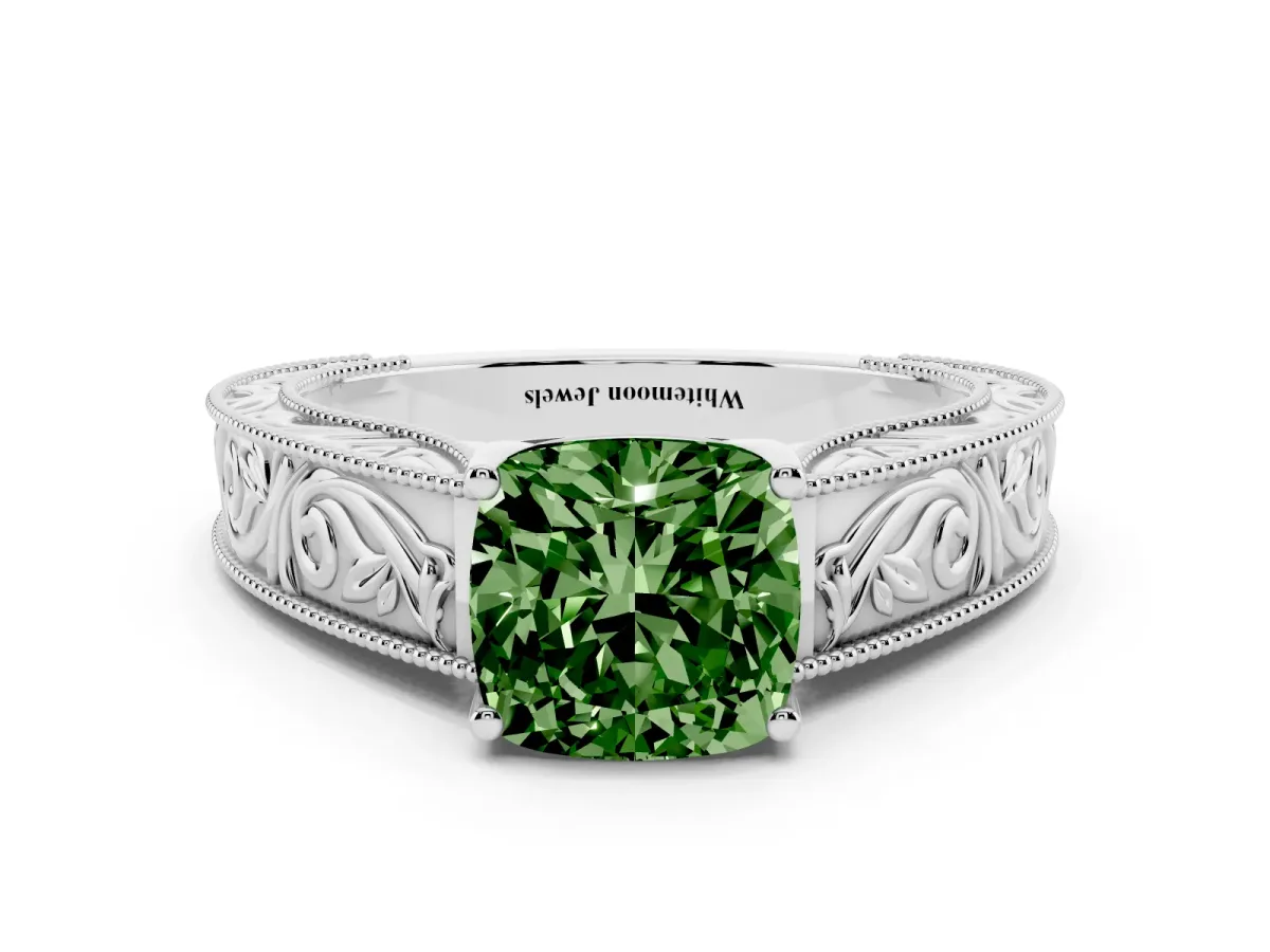 Fancy Green Cushion Cut Diamond Solitaire Ring with Engraved Band and Four-Prong Setting White gold