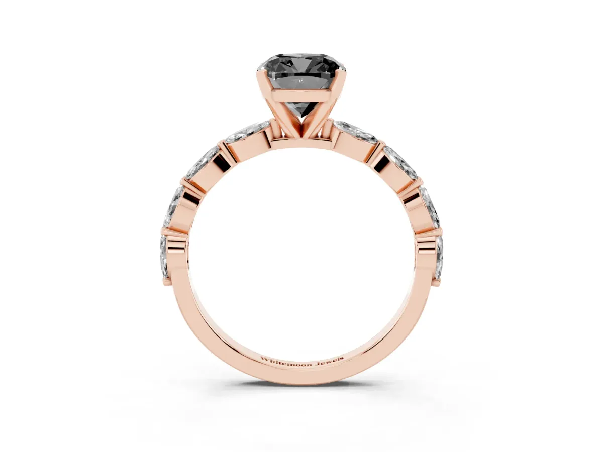 Fancy Black Cushion Cut Diamond Ring with Marquise Side Stones and Prong Setting Rose gold