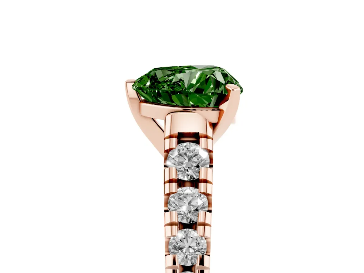Fancy Green Heart Cut Diamond Cathedral Solitaire Ring with Round Pavé Band Rose gold