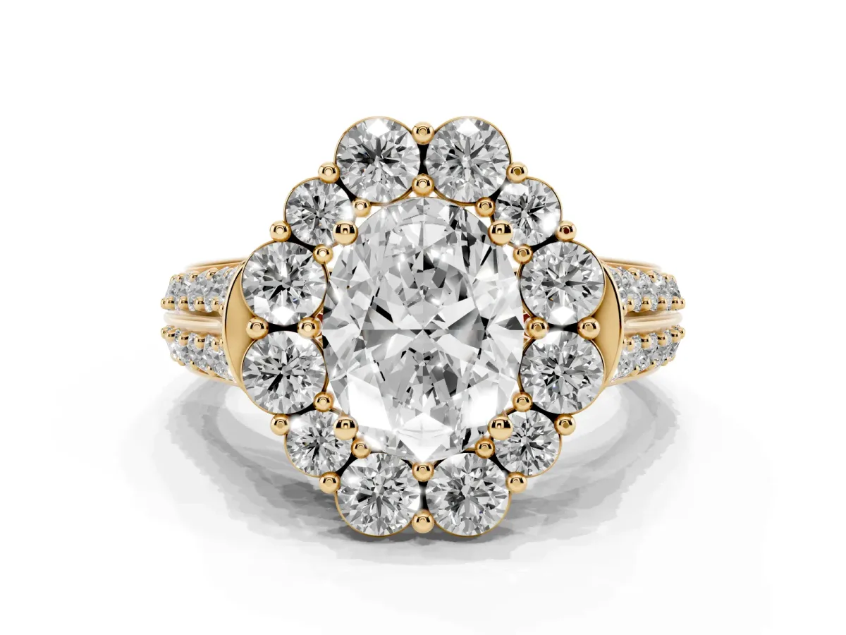 Oval Cut Halo Diamond Engagement Ring with Split Shank and Prong Setting Yellow gold