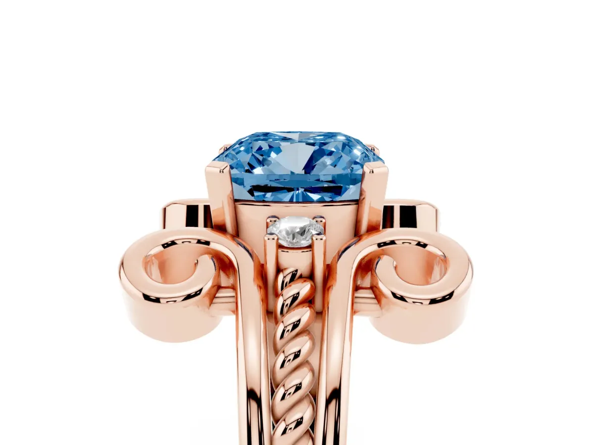 Fancy Blue Cushion Cut Solitaire Twisted Band Scroll Prong Ring Rose gold