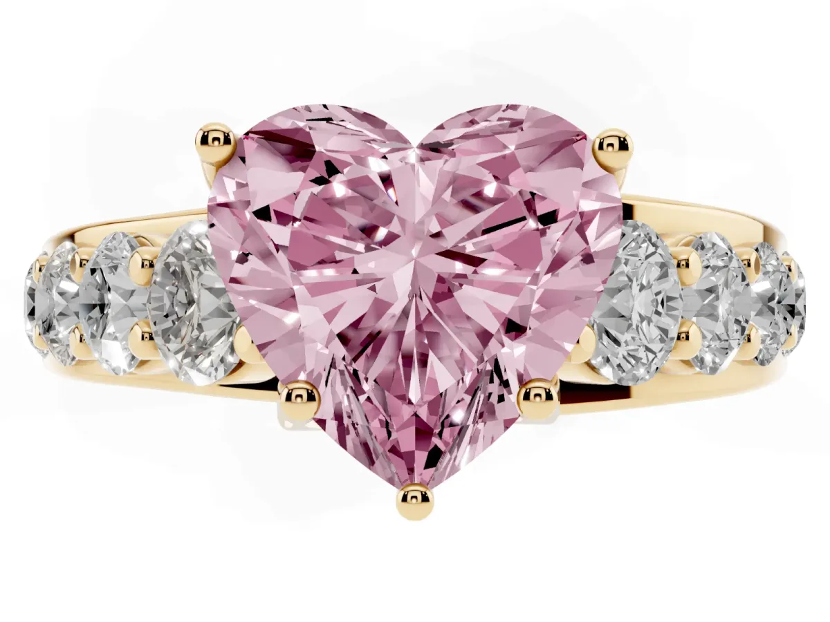 Fancy Pink Heart Cut Diamond Engagement Ring with Pavé Band and Four-Prong Setting Yellow gold