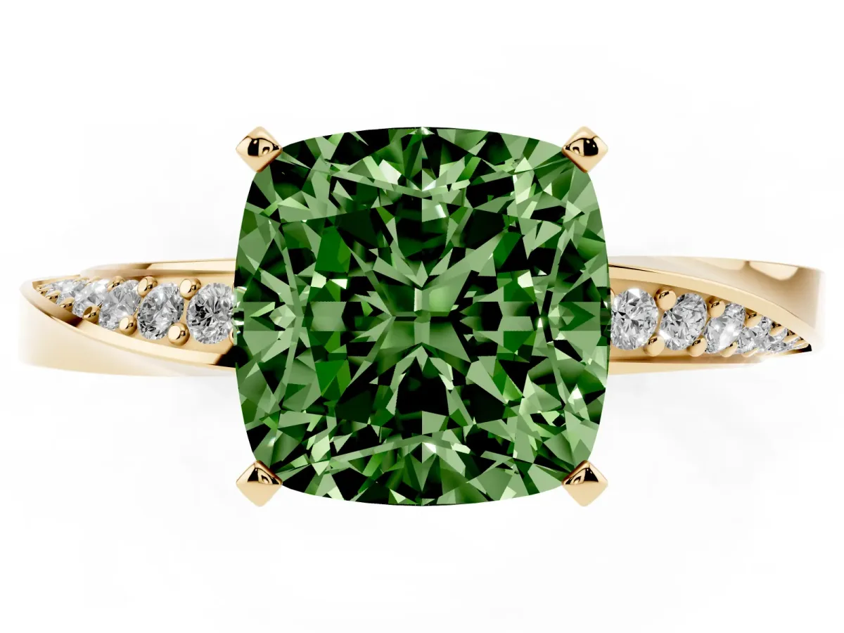 Fancy Green Cushion Cut Diamond Engagement Ring with Side Stone Accents and Four-Prong Setting Yellow gold