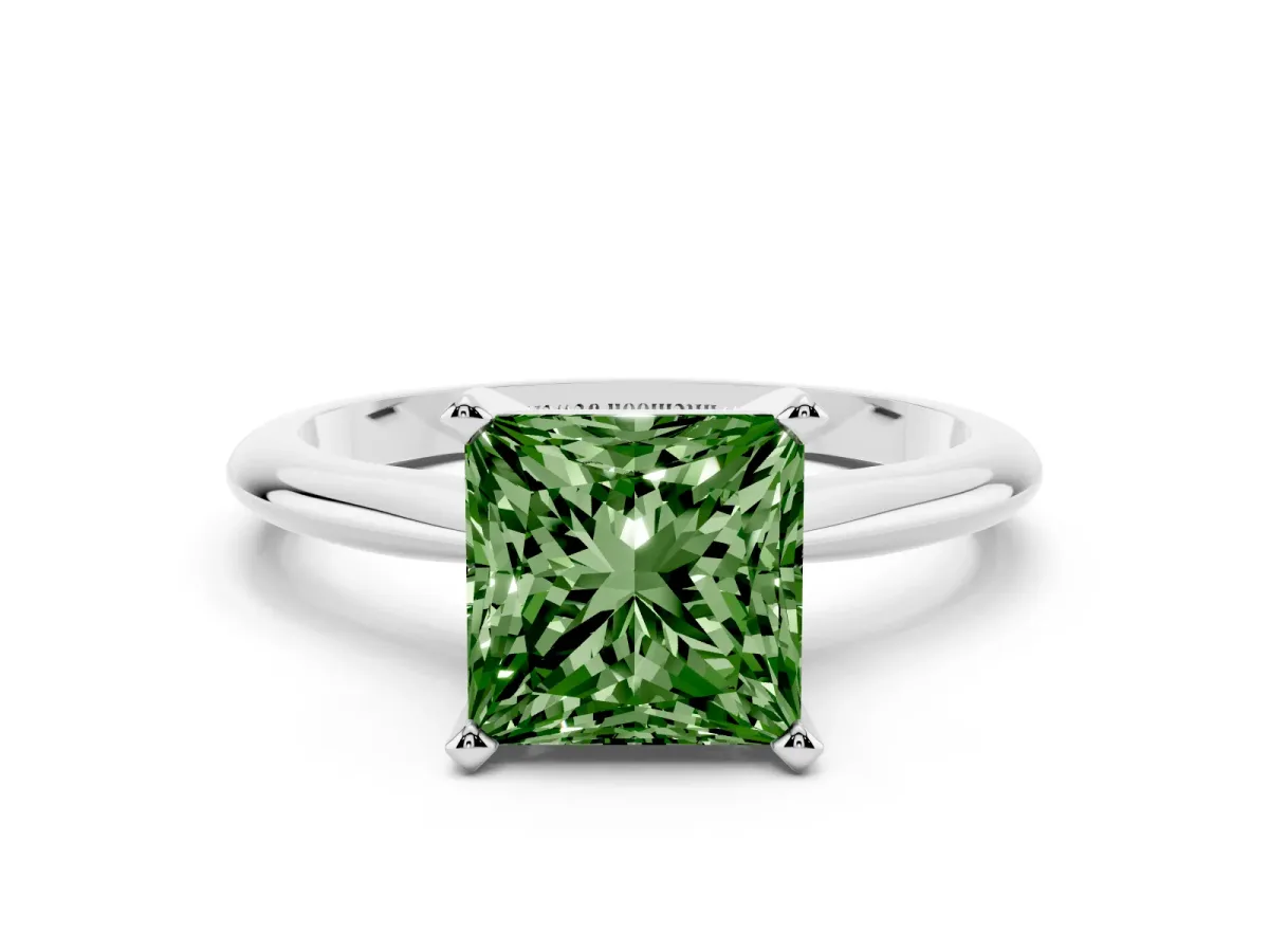 Fancy Green Princess Cut Cut Solitaire Ring with Four-Prong Setting on a Classic Band Silver