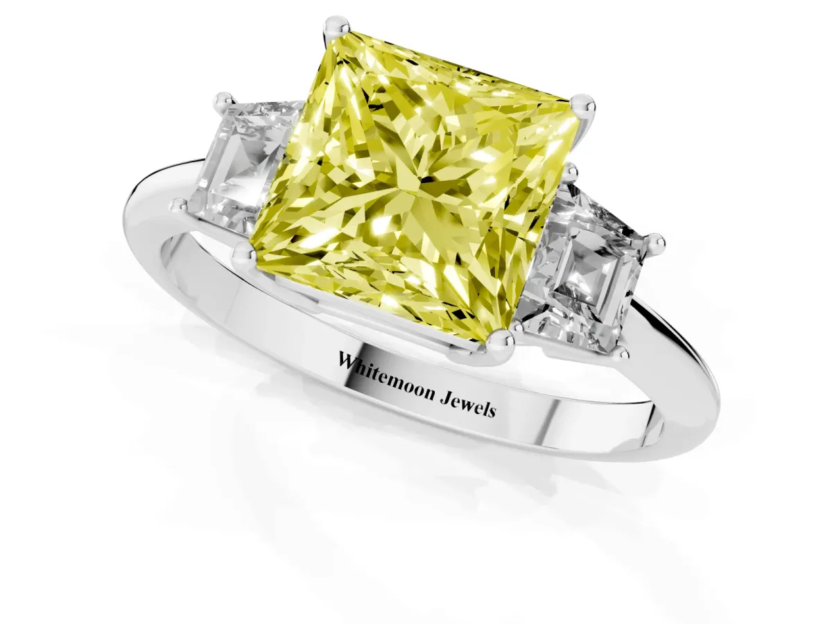 Fancy Yellow Princess Cut Diamond Three-Stone Ring with Trapezoid Side Stones and Prong Setting Silver