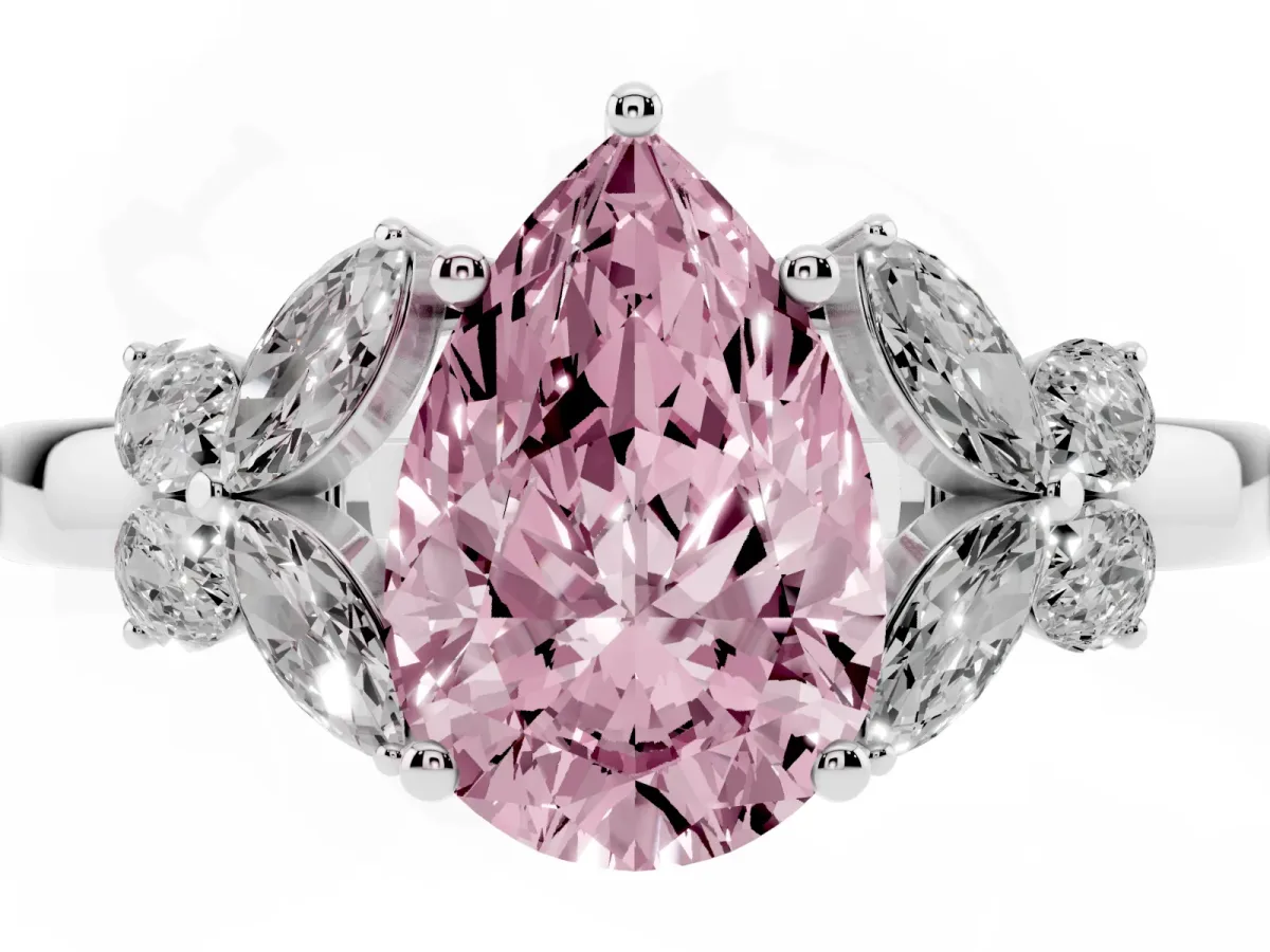 Fancy Pink Pear Cut Cut Solitaire Floral Diamond Ring with Four-Prong Setting Platinum
