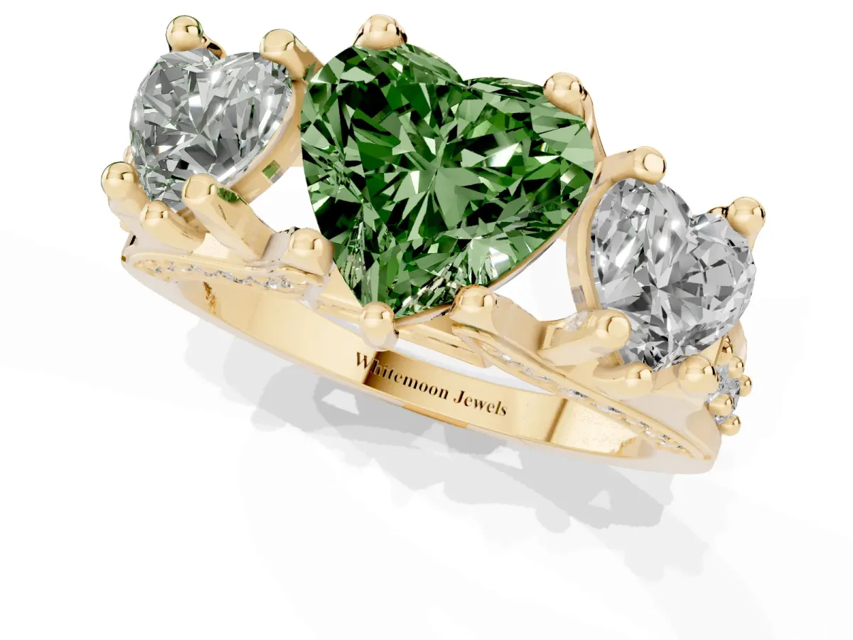 Fancy Green Heart Cut Diamond Three-Stone Ring with Channel Set Band and Four-Prong Setting Yellow gold