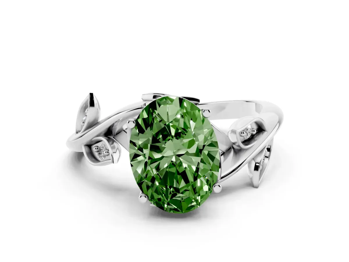 Fancy Green Oval Cut Solitaire Twist Engagement Ring with Leaf Accents and Prong Setting Silver