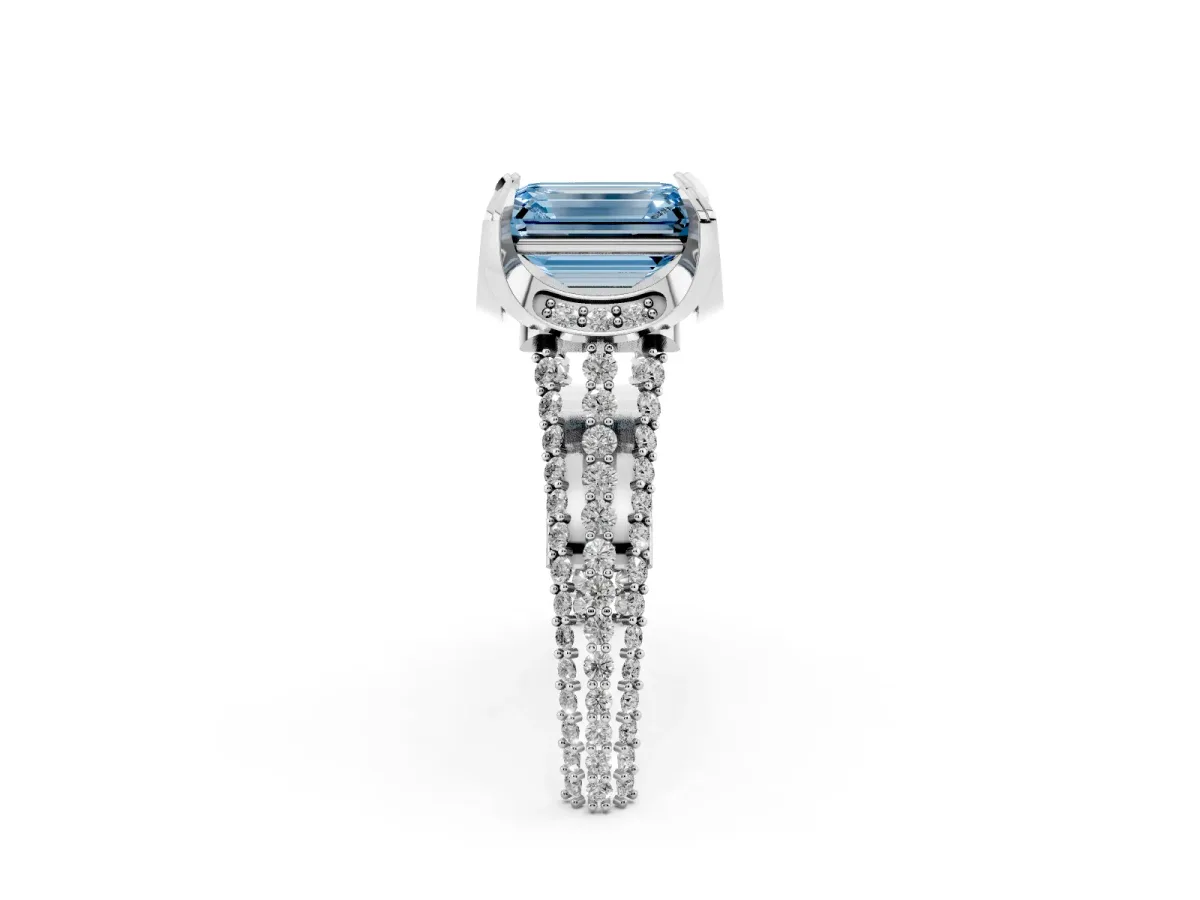 Fancy Blue Emerald Cut Solitaire Pave Split Shank Ring with Four-Prong Setting Platinum