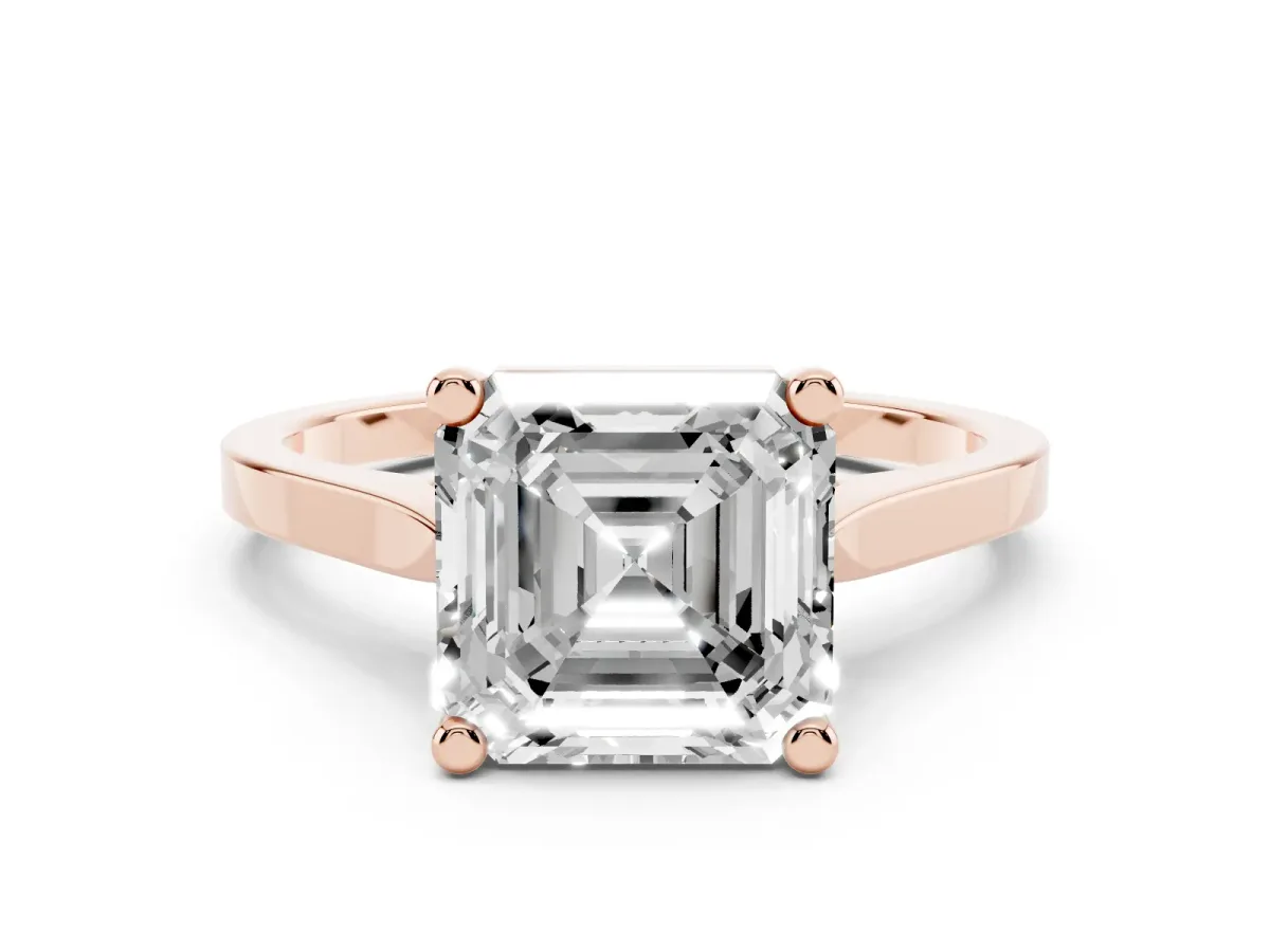 Asscher Cut Solitaire Diamond Ring with Four-Prong Setting and Tapered Band Rose gold