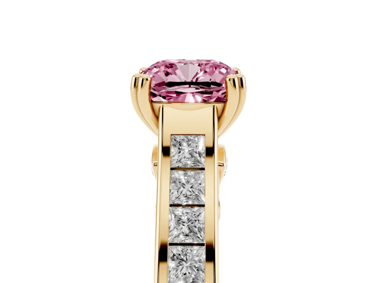 Fancy Pink Cushion Cut Cut Channel Set Solitaire Engagement Ring with Prong Setting Yellow gold