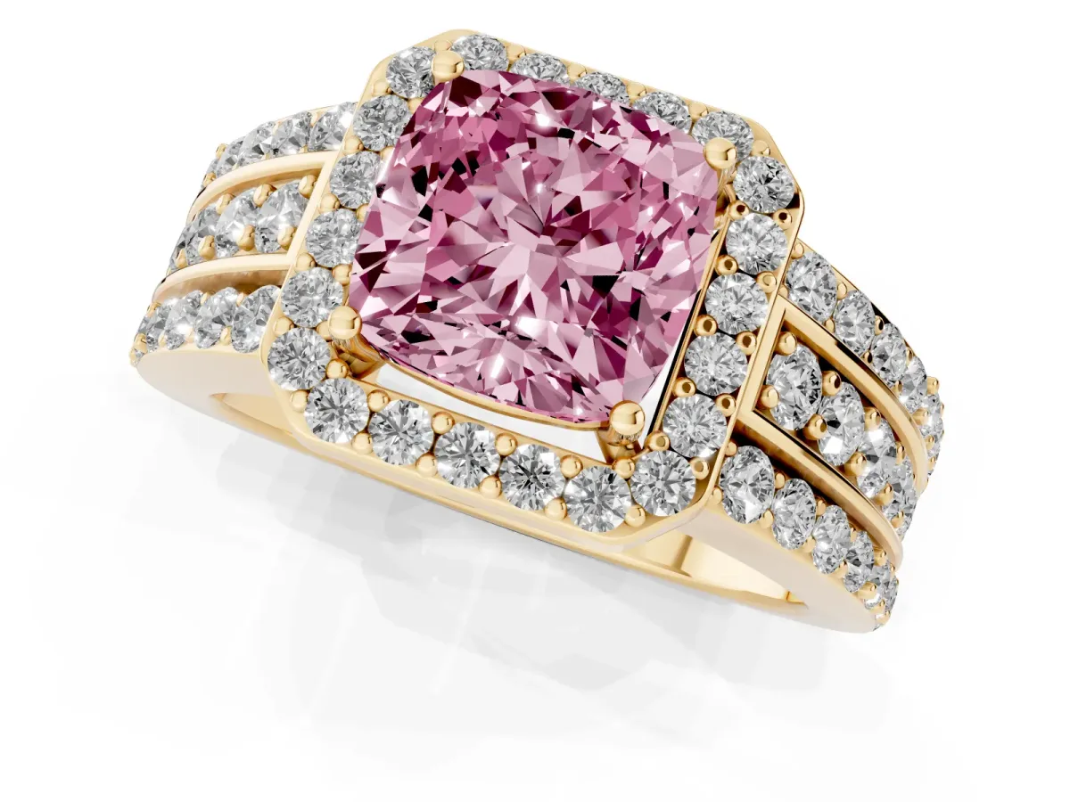 Fancy Pink Cushion Cut Halo Diamond Ring with Round Split Shank and Prong Setting Yellow gold