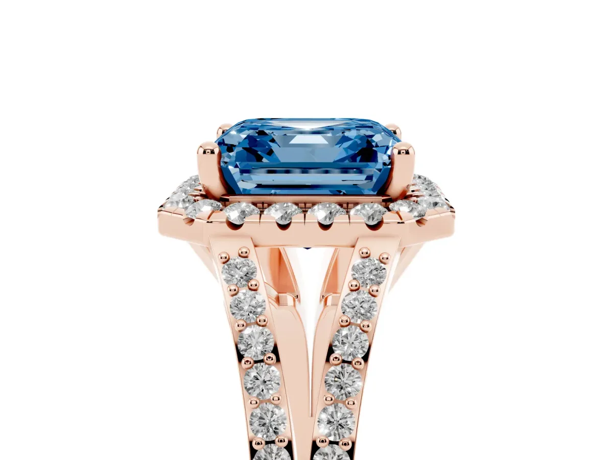 Fancy Blue Asscher Cut Halo Split Shank Diamond Ring with Prong Setting Rose gold