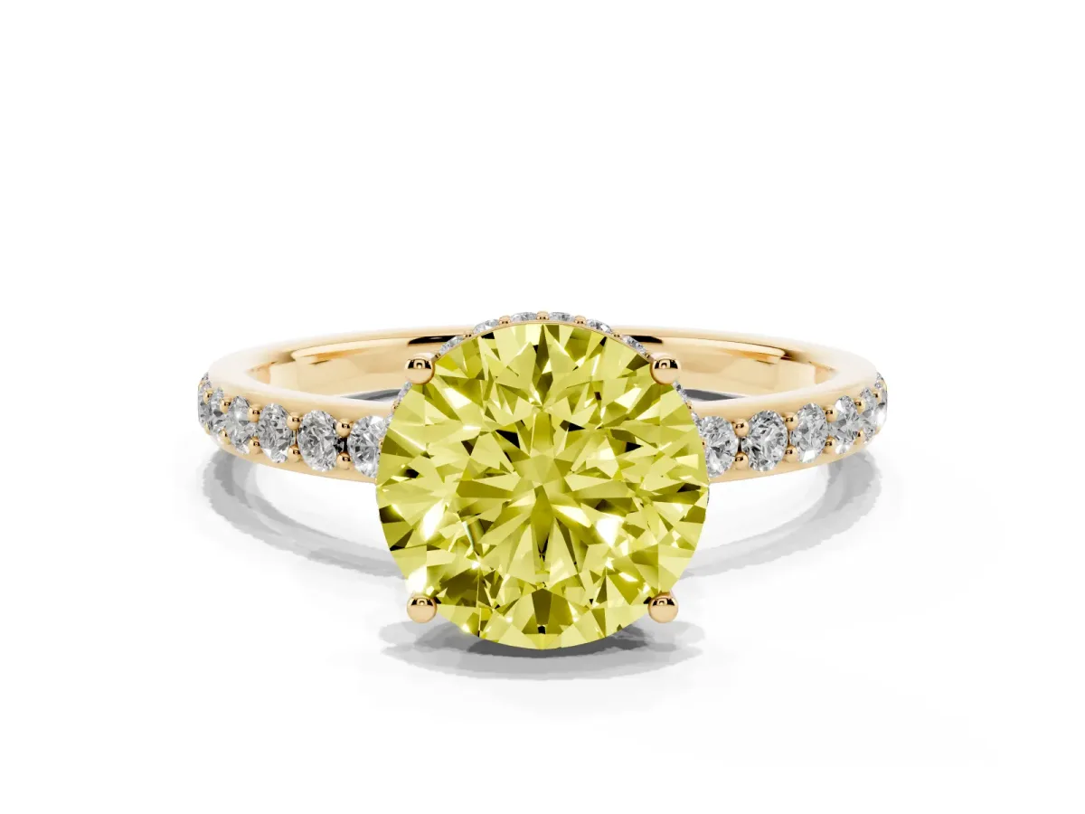 Fancy Yellow Round Cut Diamond Solitaire Ring with Pavé Band and Hidden Halo Yellow gold