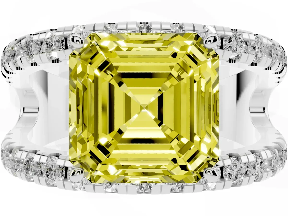 Fancy Yellow Asscher Cut Solitaire Split Shank Pave Diamond Ring Silver