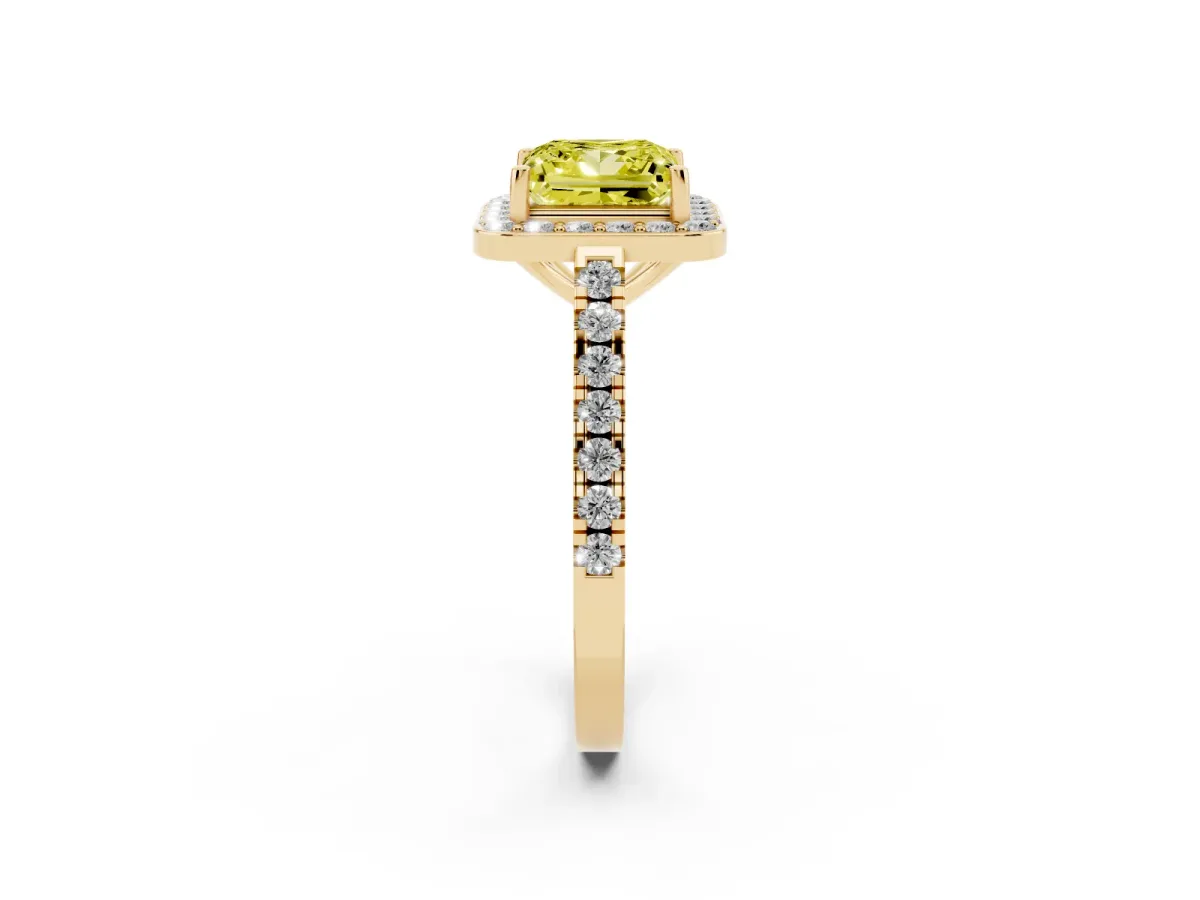 Fancy Yellow Princess Cut Diamond Halo Ring with Round Pavé Split Shank and Prong Setting Yellow gold