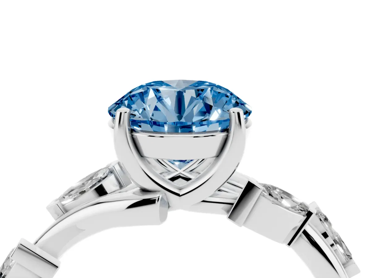 Fancy Blue Round Cut Solitaire Twisted Band Marquise Accent Prong Setting Ring White gold