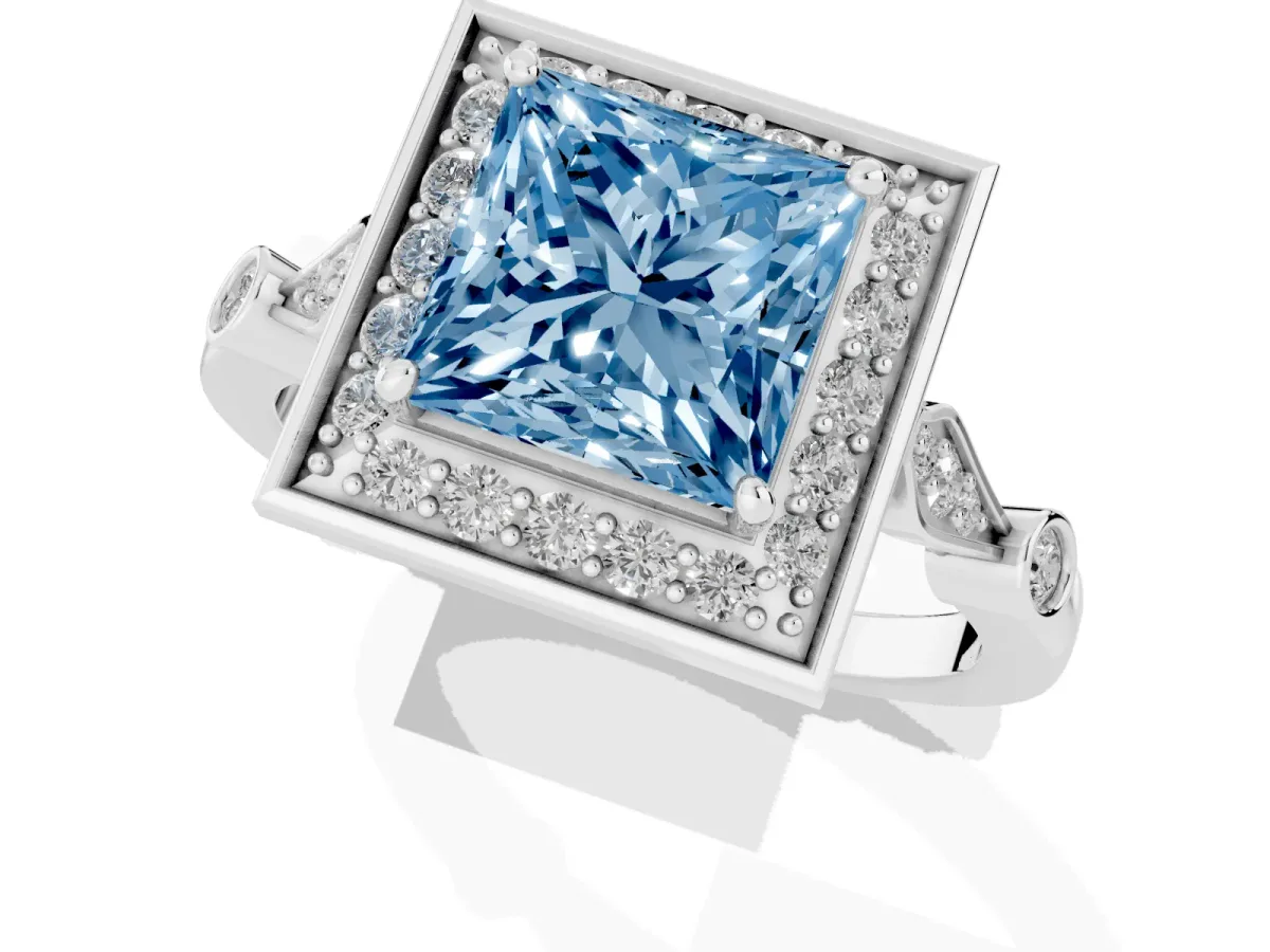 Fancy Blue Princess Cut Halo Diamond Engagement Ring with Twisted Band and Four-Prong Setting Platinum