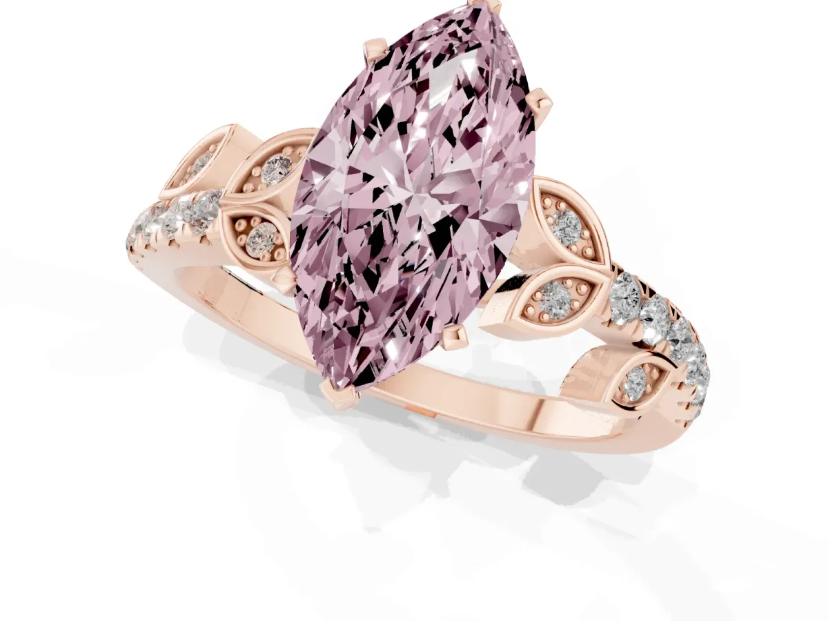 Fancy Pink Marquise Cut Solitaire Leaf-Inspired Diamond Ring with Pavé Band and Four-Prong Setting Rose gold