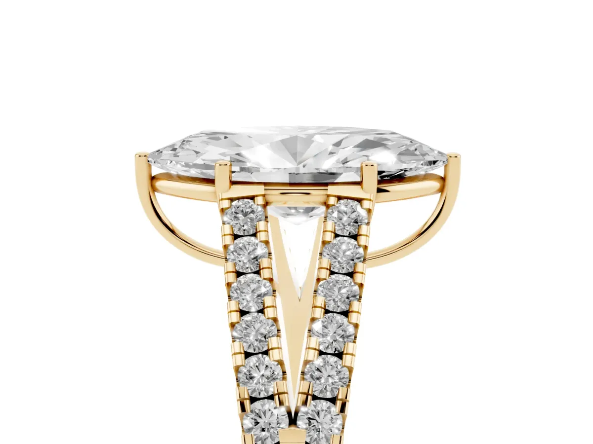 Marquise Cut Diamond Split Shank Pavé Engagement Ring with Four-Prong Setting Yellow gold