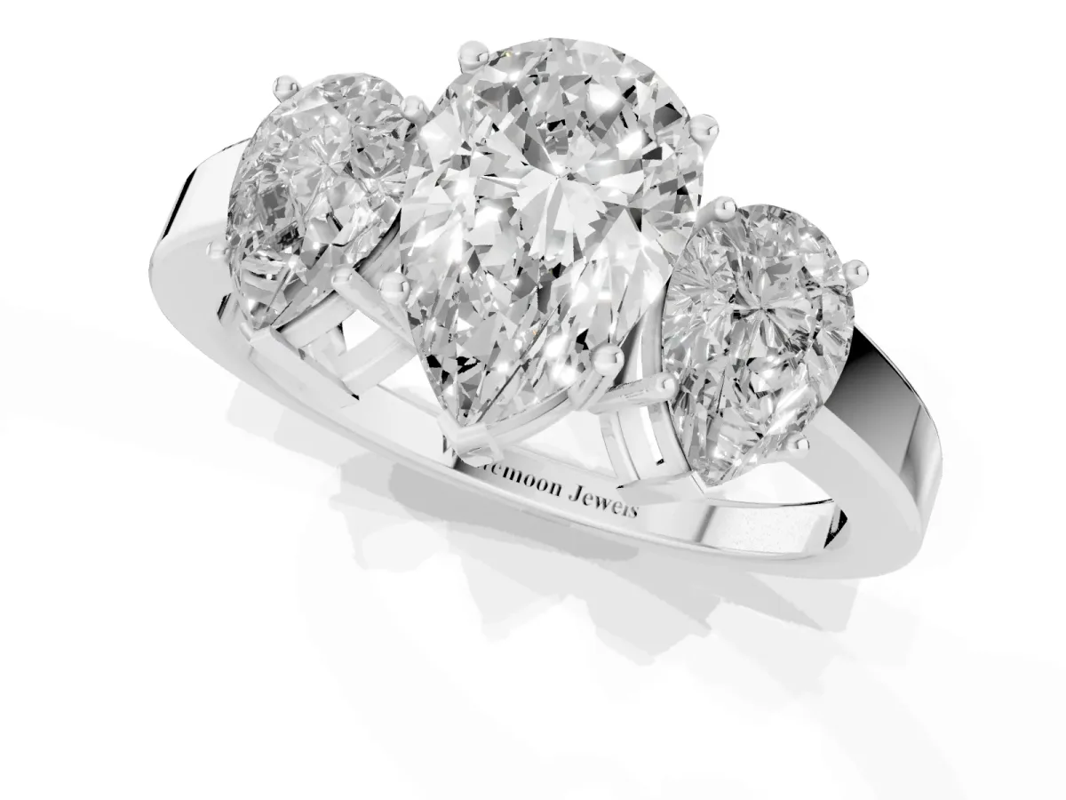 Three-Stone Pear Cut Cut Diamond Engagement Ring with Flat Band and Four-Prong Setting Silver