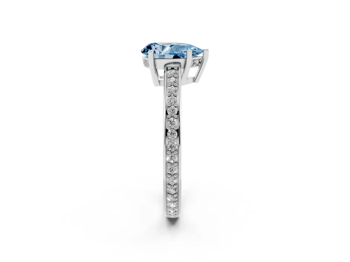 Fancy Blue Pear Cut Solitaire Pavé Band Prong Setting Ring Silver