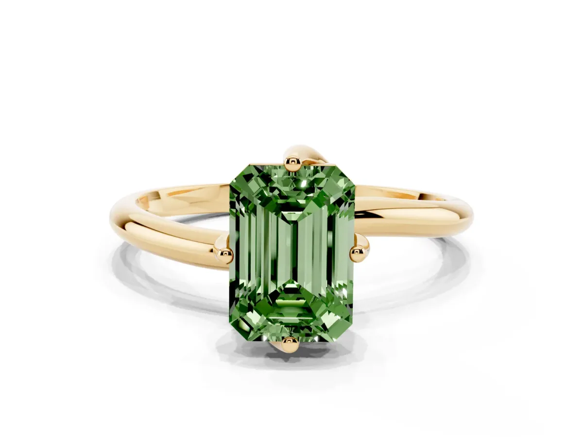 Fancy Green Emerald Cut Diamond Solitaire Engagement Ring with Four-Prong Setting and Classic Band Yellow gold