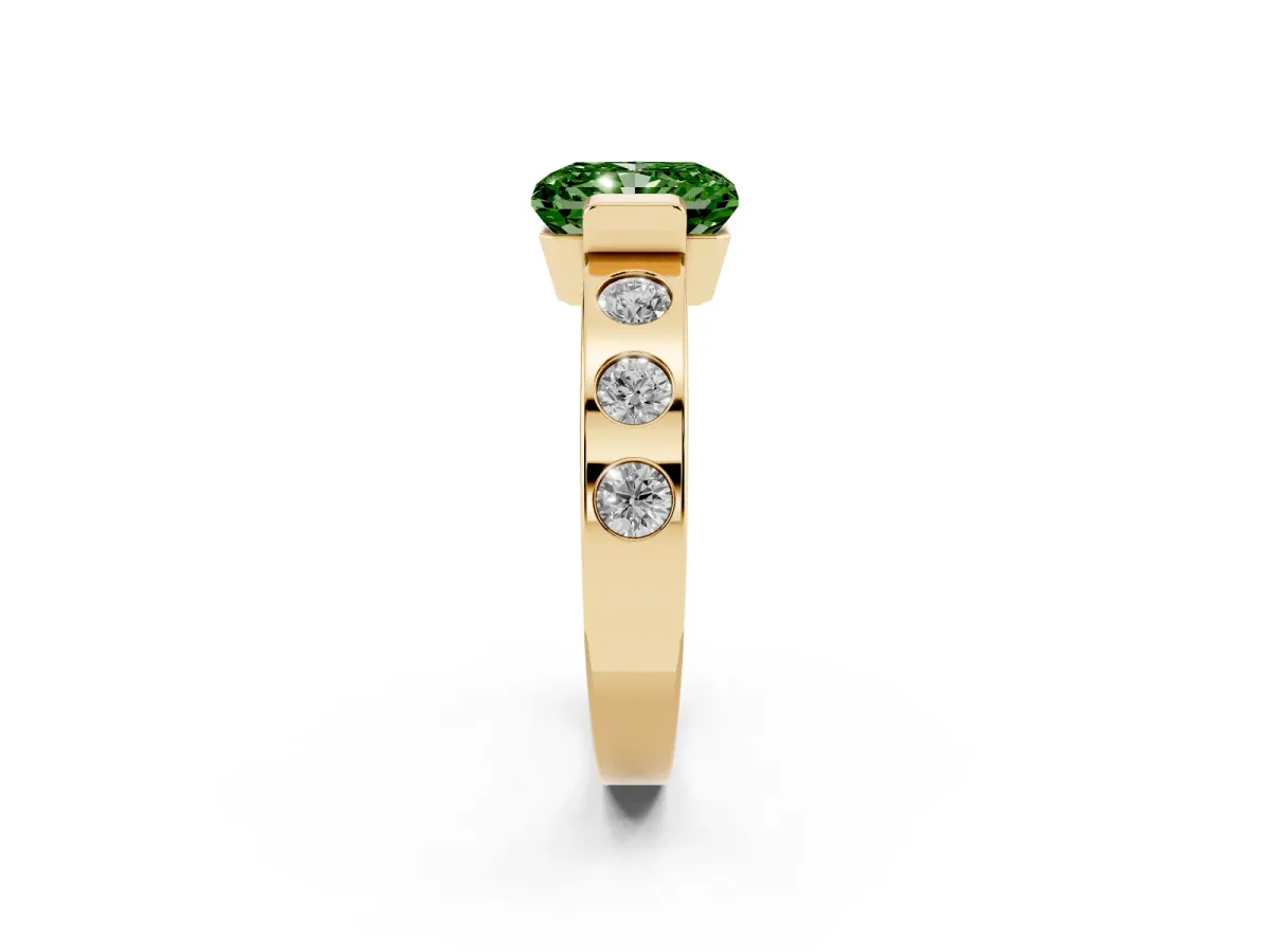 Fancy Green Radiant Cut Brilliant Channel-Set Diamond Ring with Bezel Prong Setting Yellow gold