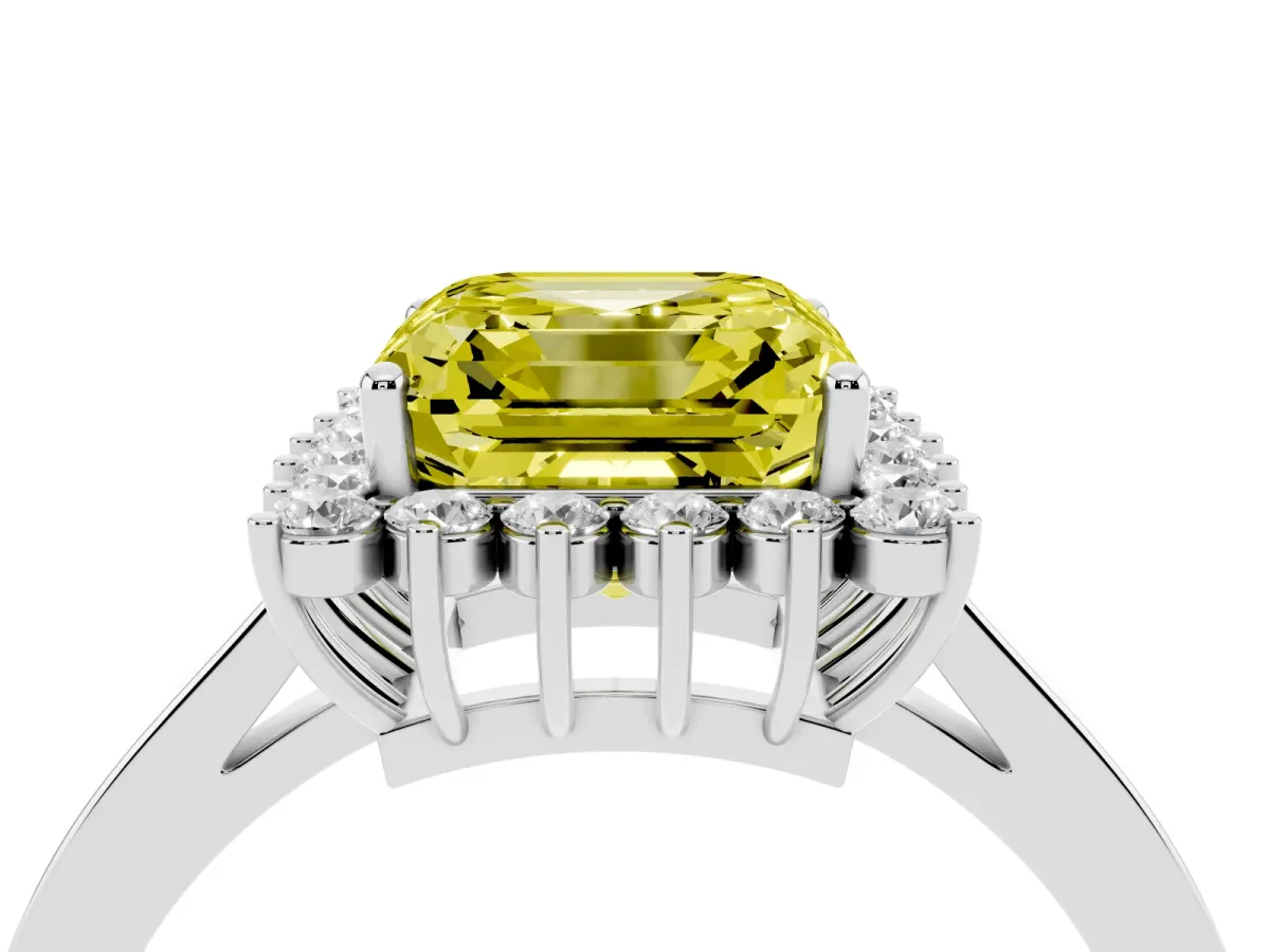Fancy Yellow Asscher Cut Cut Diamond Halo Ring with Round Brilliant Halo and Solitaire Band Silver