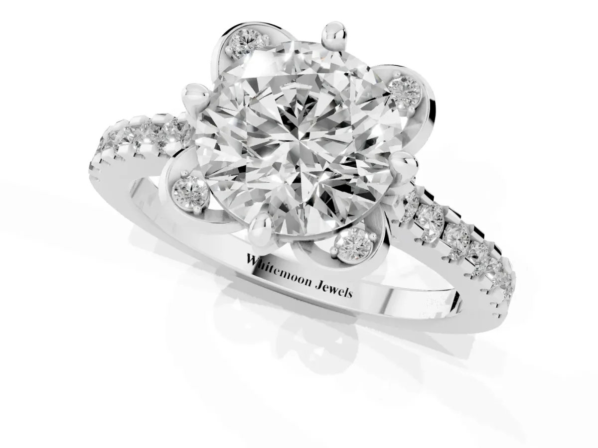 Round Cut Diamond Ring with Pavé Band and Floral Prong Setting Silver