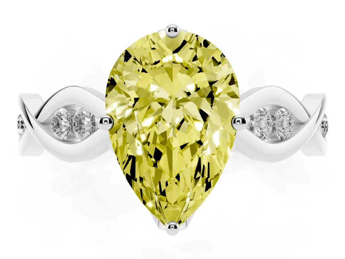 Fancy Yellow Pear Cut Solitaire Twist Band with Leaf Prong Setting White gold