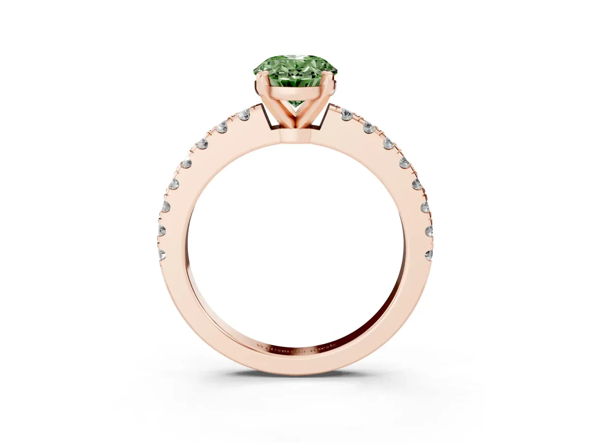 Fancy Green Oval Cut Solitaire Diamond with Pavé Band and Four-Prong Setting Rose gold
