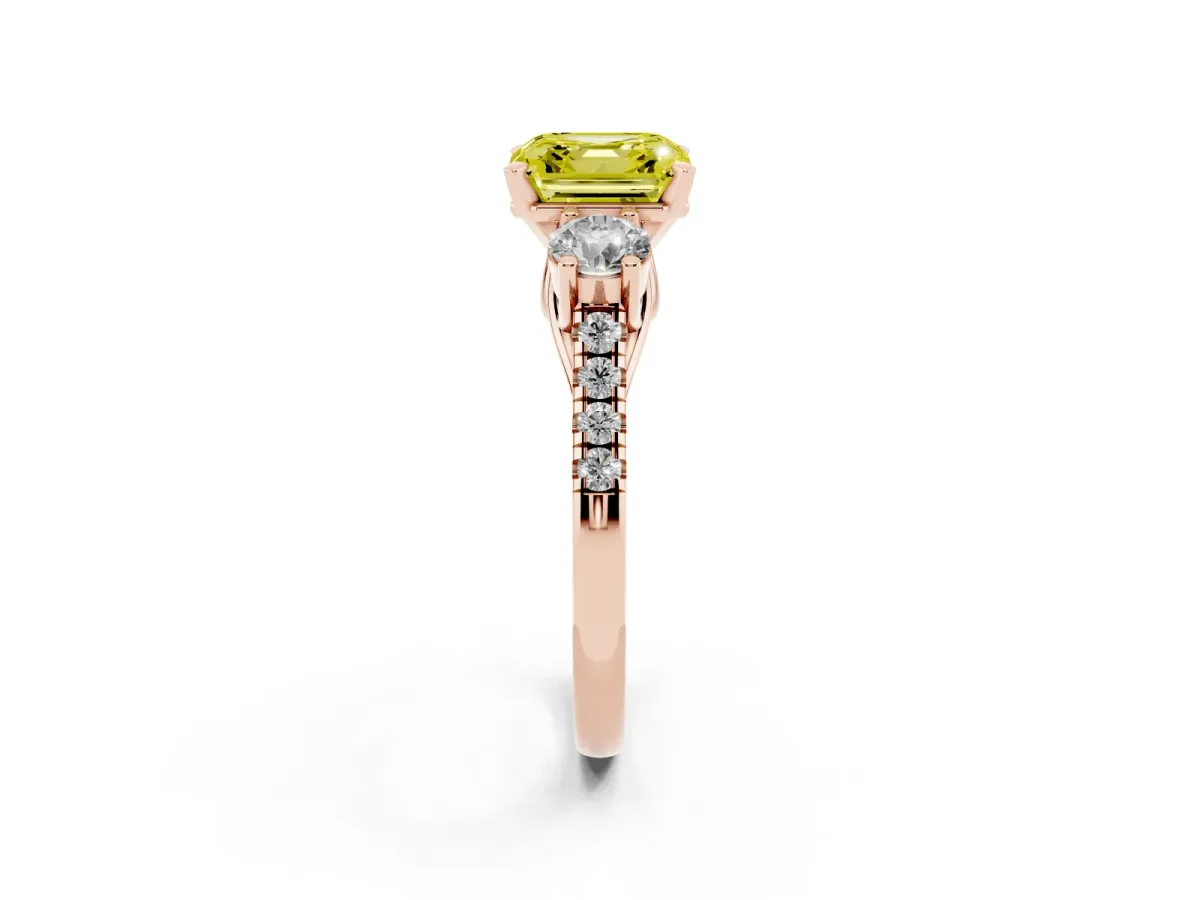Fancy Yellow Three-Stone Asscher Cut Diamond Pavé Band with Four-Prong Setting Rose gold