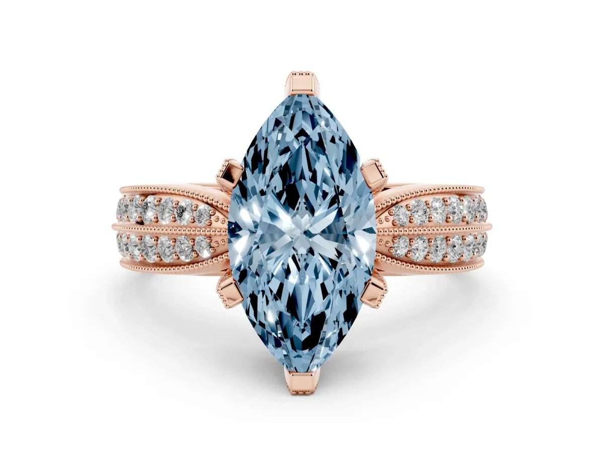 Fancy Blue Marquise Cut Diamond Solitaire Ring with Milgrain Round Pavé Band and Prong Setting Rose gold