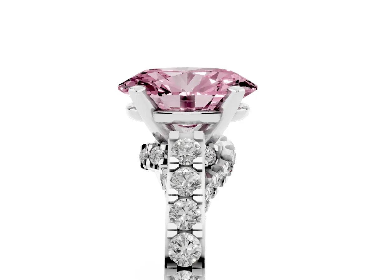 Fancy Pink Oval Cut Diamond Solitaire Ring with Crossover Gallery and Round Pavé Band Platinum