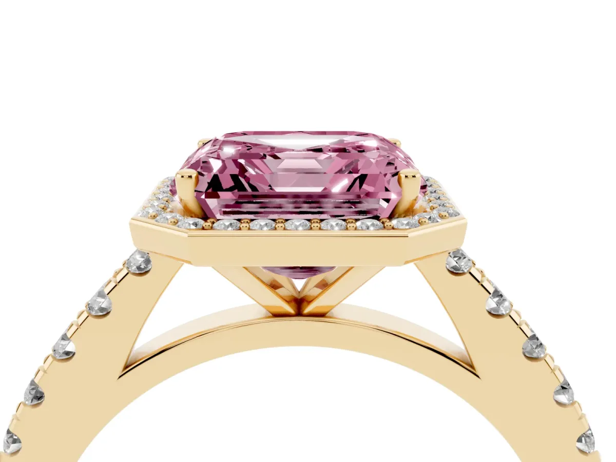 Fancy Pink Asscher Cut Cut Halo Diamond Engagement Ring with Pave Band and Four-Prong Setting Yellow gold