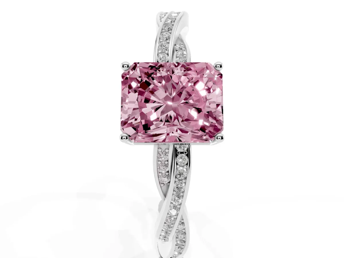 Fancy Pink Radiant Cut Solitaire Twisted Pave Diamond Ring with Four-Prong Setting Silver