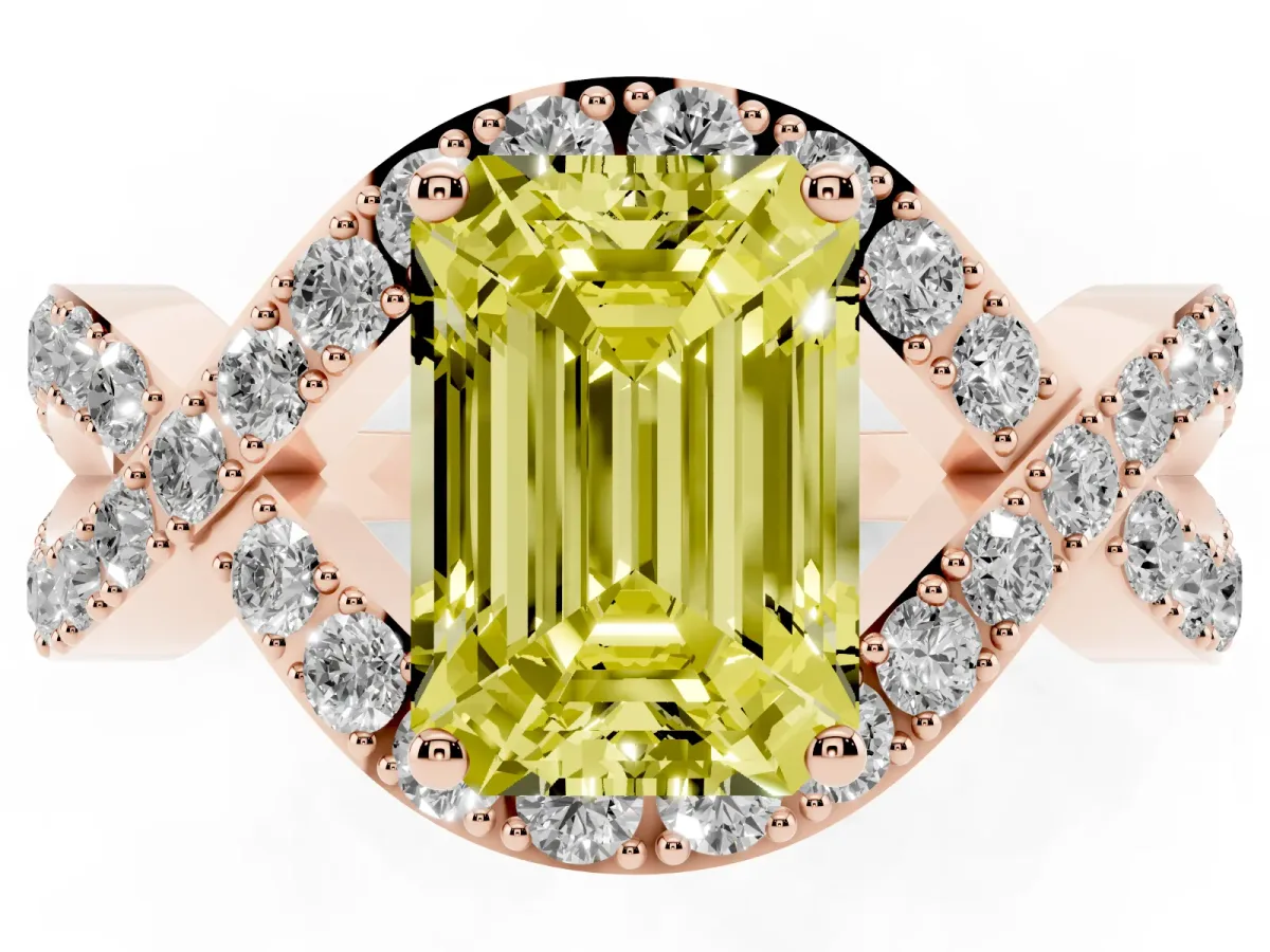 Fancy Yellow Emerald Cut Solitaire Twist Band Pavé Diamond Engagement Ring Rose gold