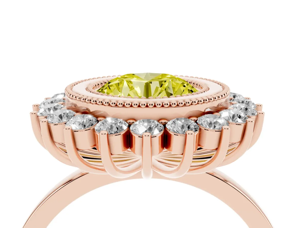 Fancy Yellow Round Cut Halo Diamond Ring with Milgrain Edge and Round Prong Setting Rose gold