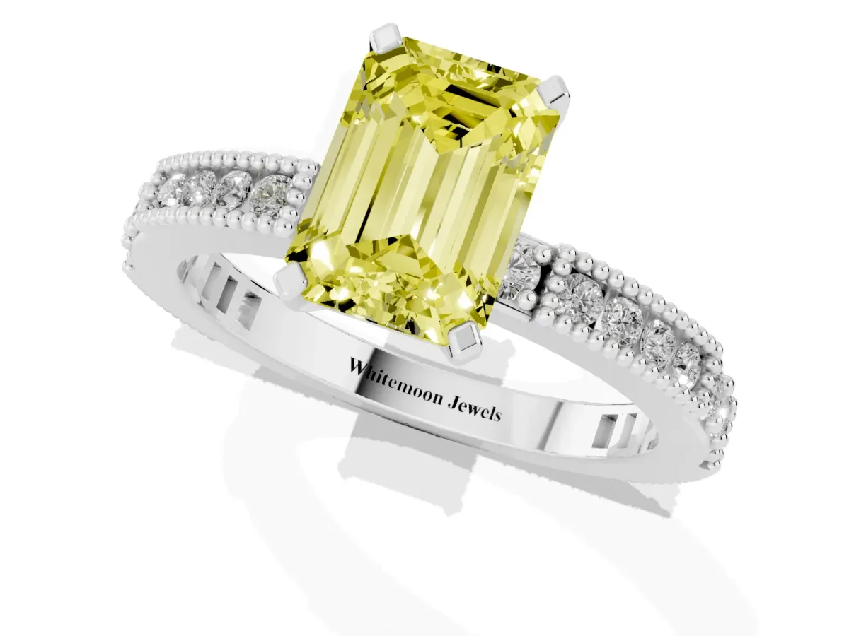 Fancy Yellow Emerald Cut Solitaire with Pavé Band and Four-Prong Setting Silver
