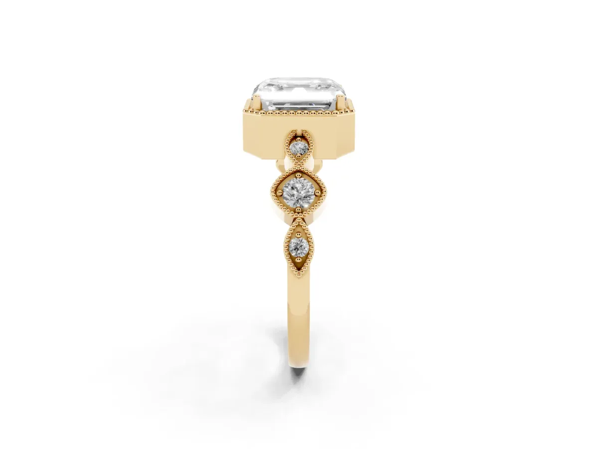 Asscher Cut Diamond Vintage Milgrain Ring with Round Stations Yellow gold