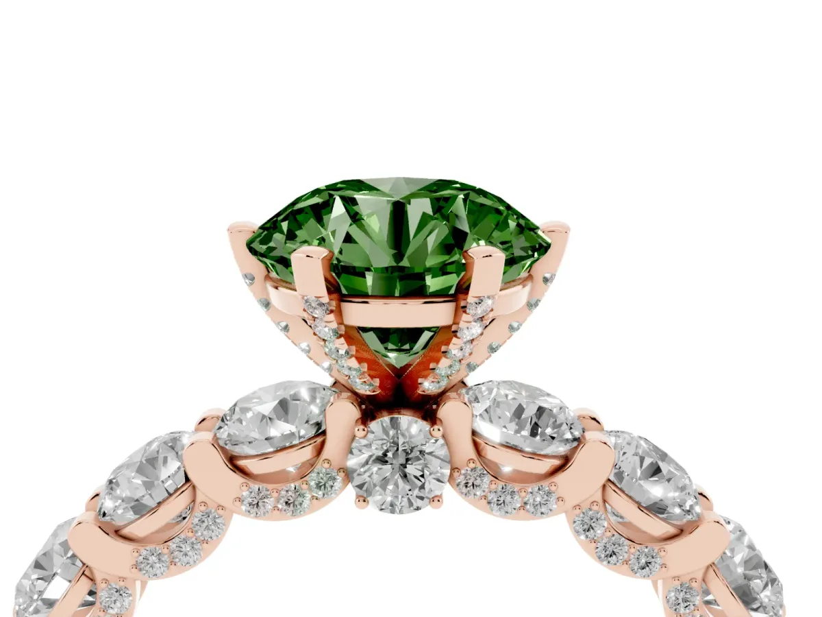 Fancy Green Round Cut Diamond Side Stone Engagement Ring with Four-Prong Setting Rose gold