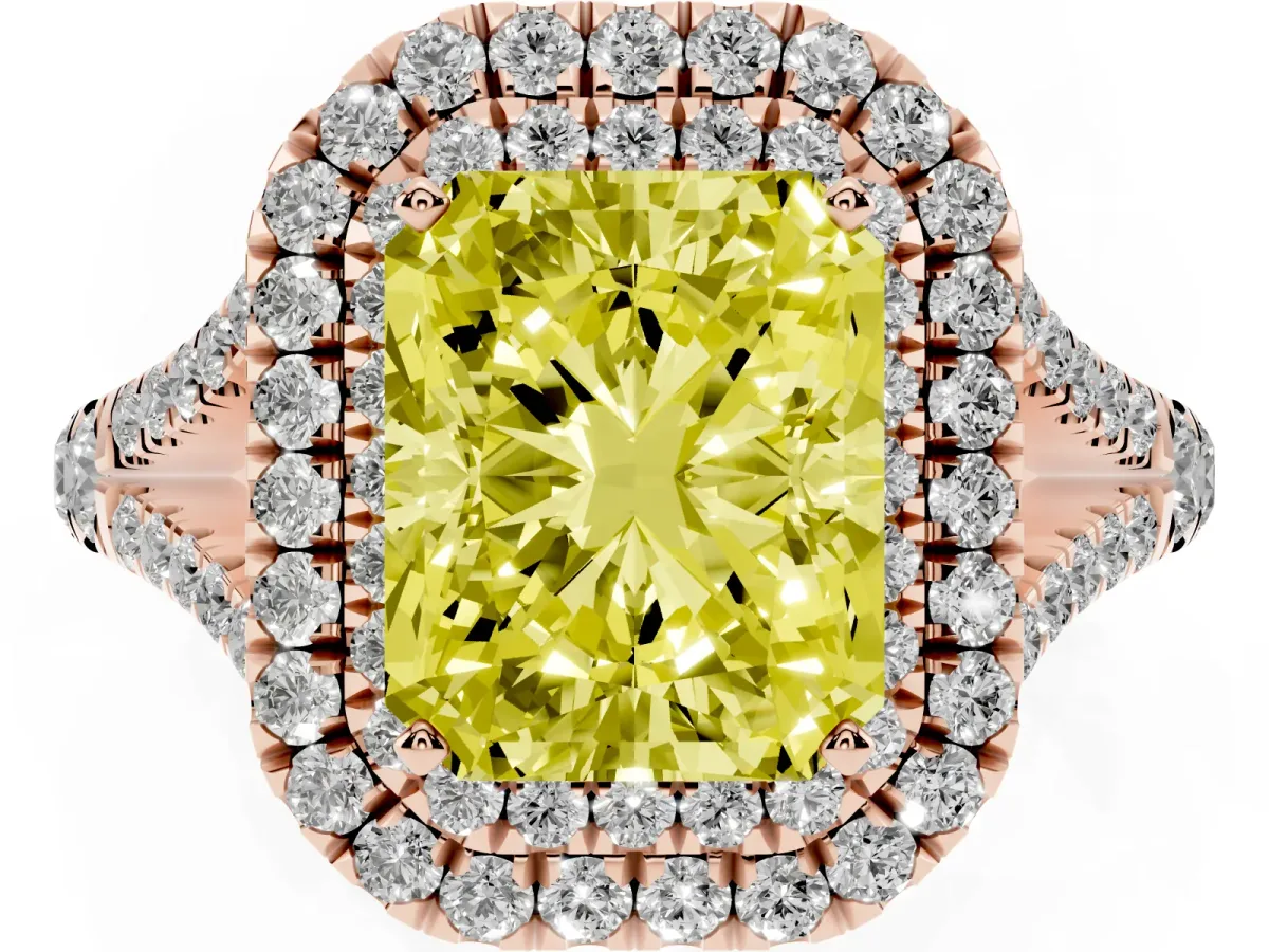 Fancy Yellow Radiant Cut Diamond Double Halo Ring with Split Shank and Prong Setting Rose gold