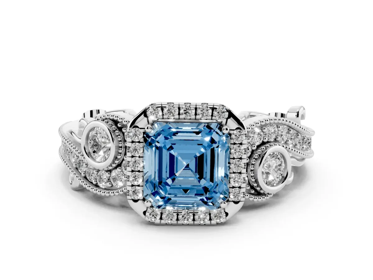 Fancy Blue Asscher Cut Halo Diamond Ring with Milgrain and Bezel Accents on a Split Shank Band Platinum