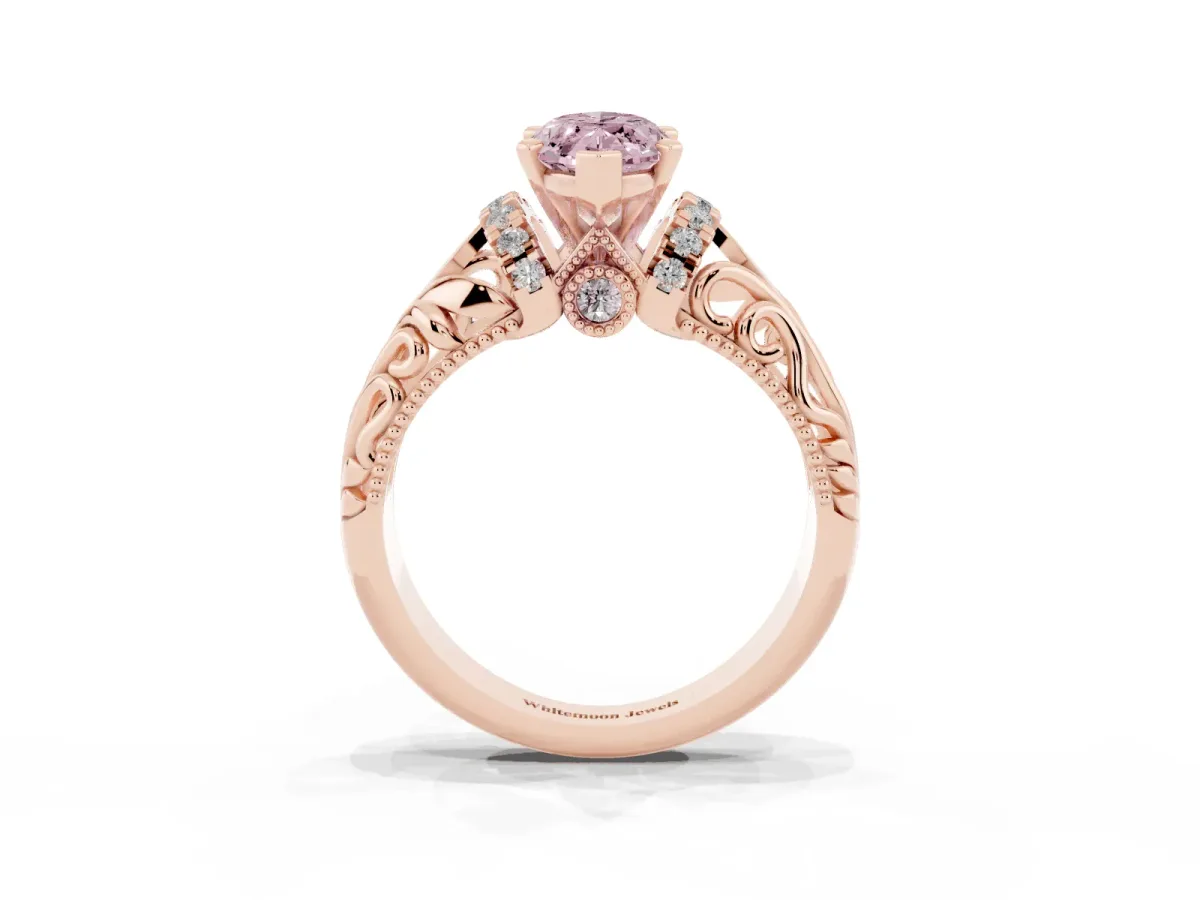 Fancy Pink Marquise Cut Solitaire Filigree Engagement Ring with Halo and Prong Setting Rose gold